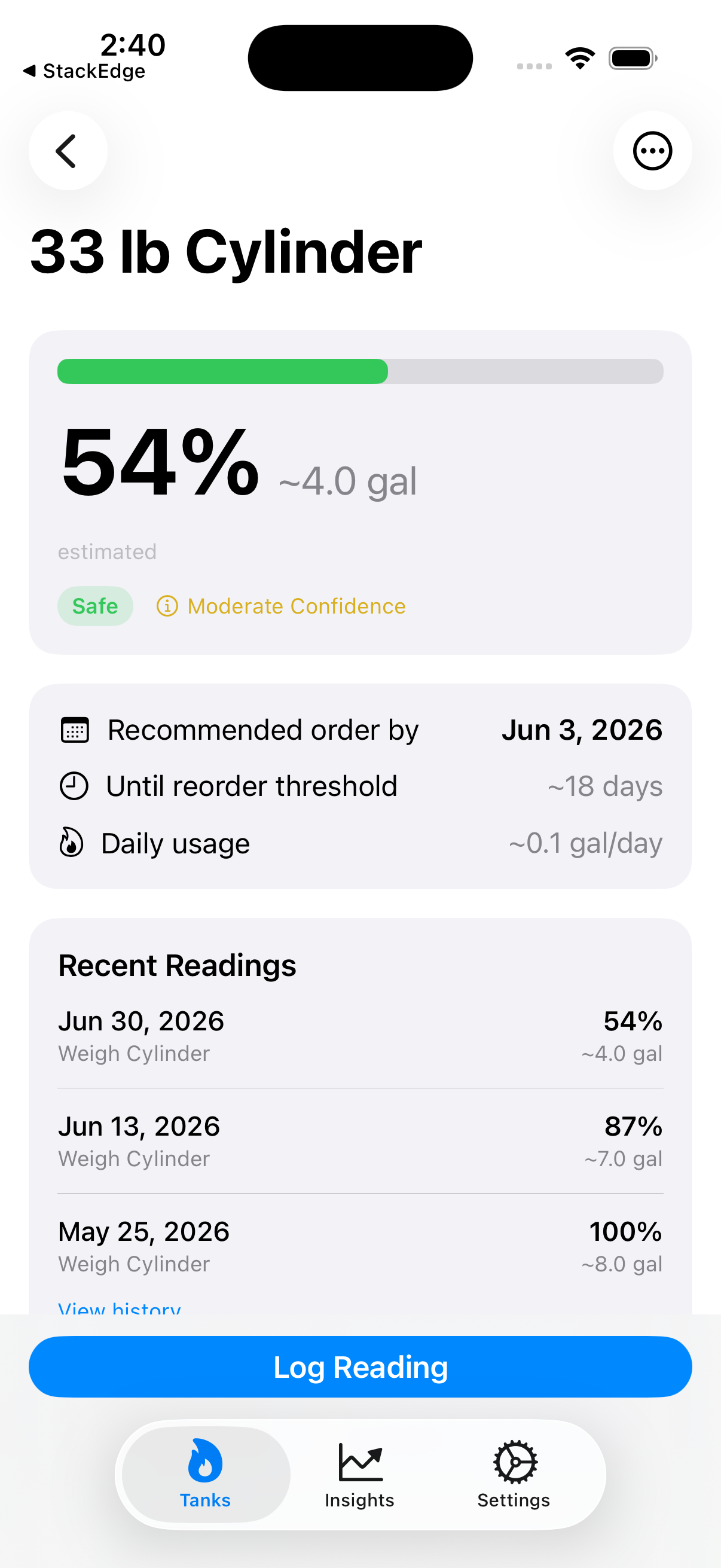 PropanePal app showing a 33 lb cylinder at 54% with a refill date of June 3, 2026